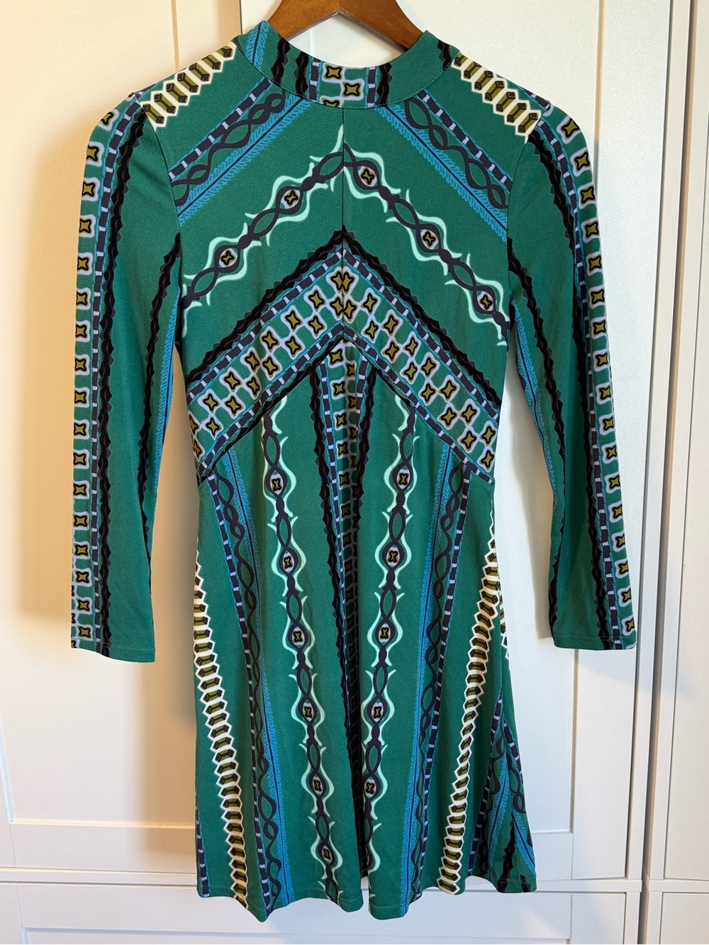 Free People Green Patterned Long Sleeve Fit-and-Flare Dress